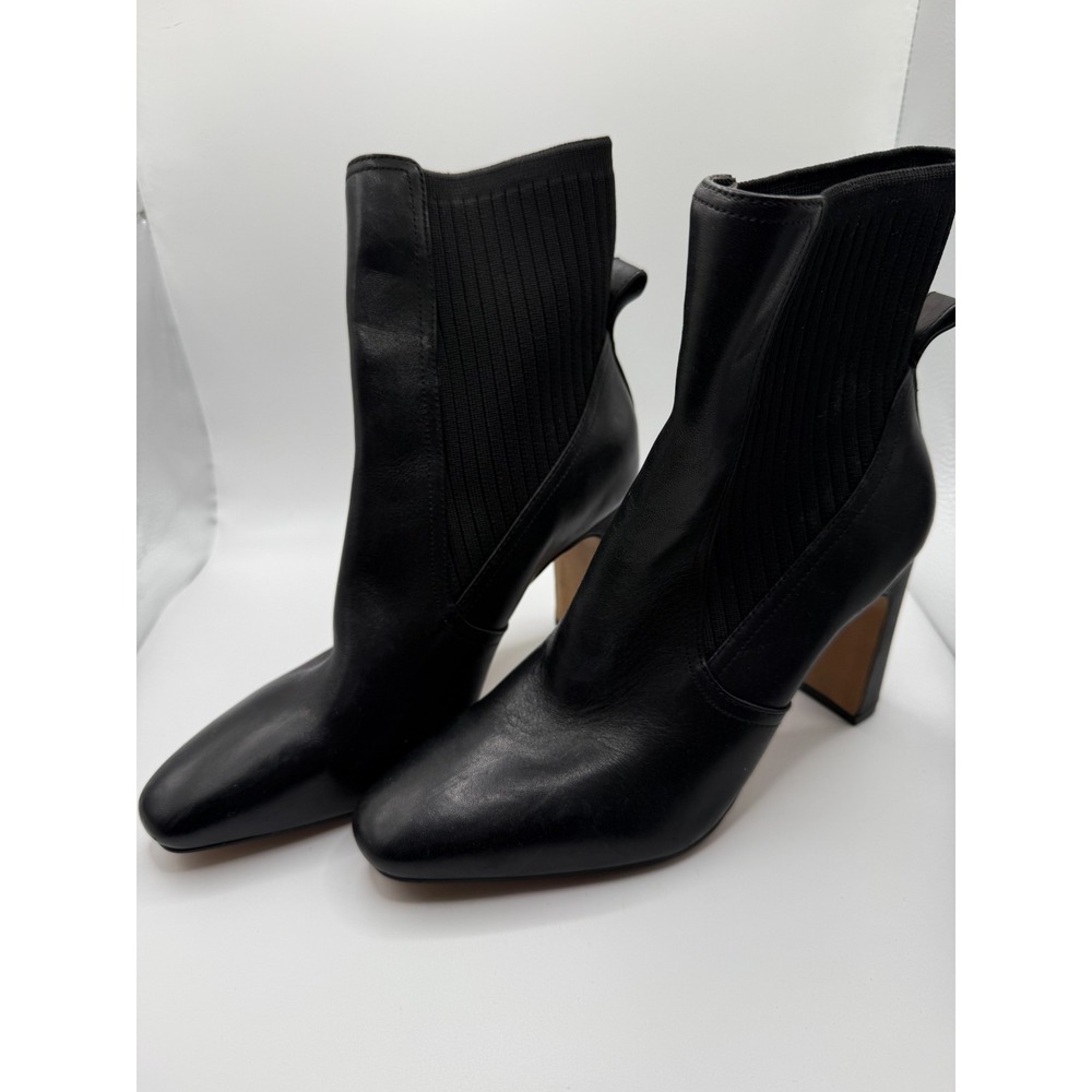 Vince Camuto Sarlaa Womens US 6.5 M Black Leather Knit Pull On Block Heel Bootie